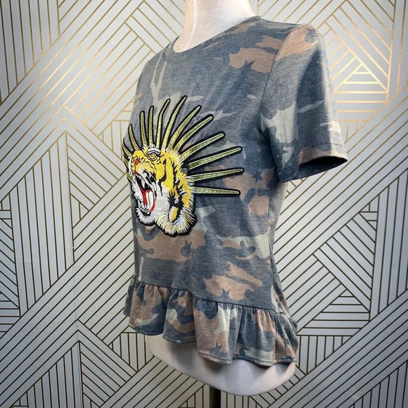 Melissa Masse Camo Tiger Applique Ruffle-Hem Tee - Picture 5 of 10